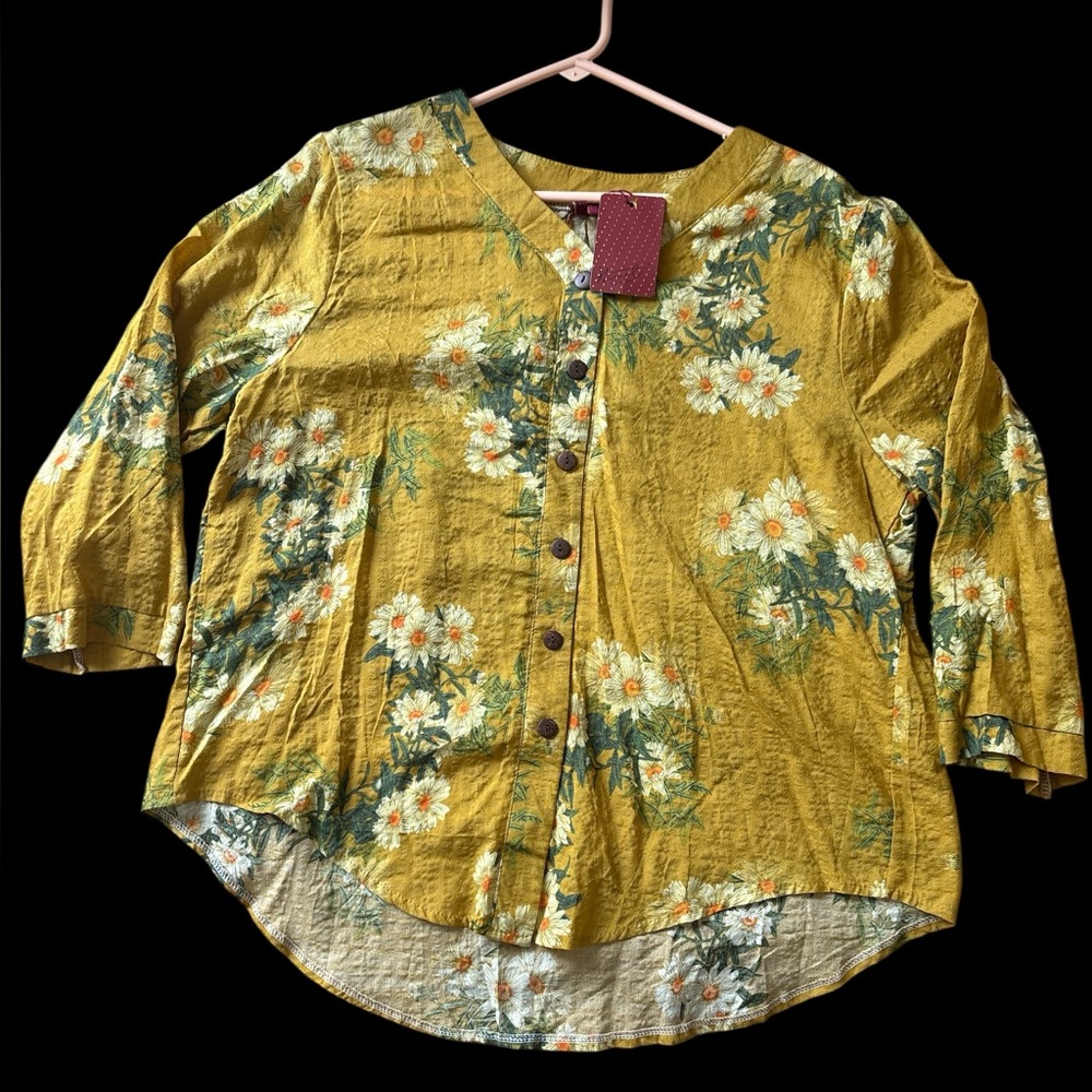 Floral Linen Button-Front Yellow Floral Boho Women’s Top - Picture 2 of 4